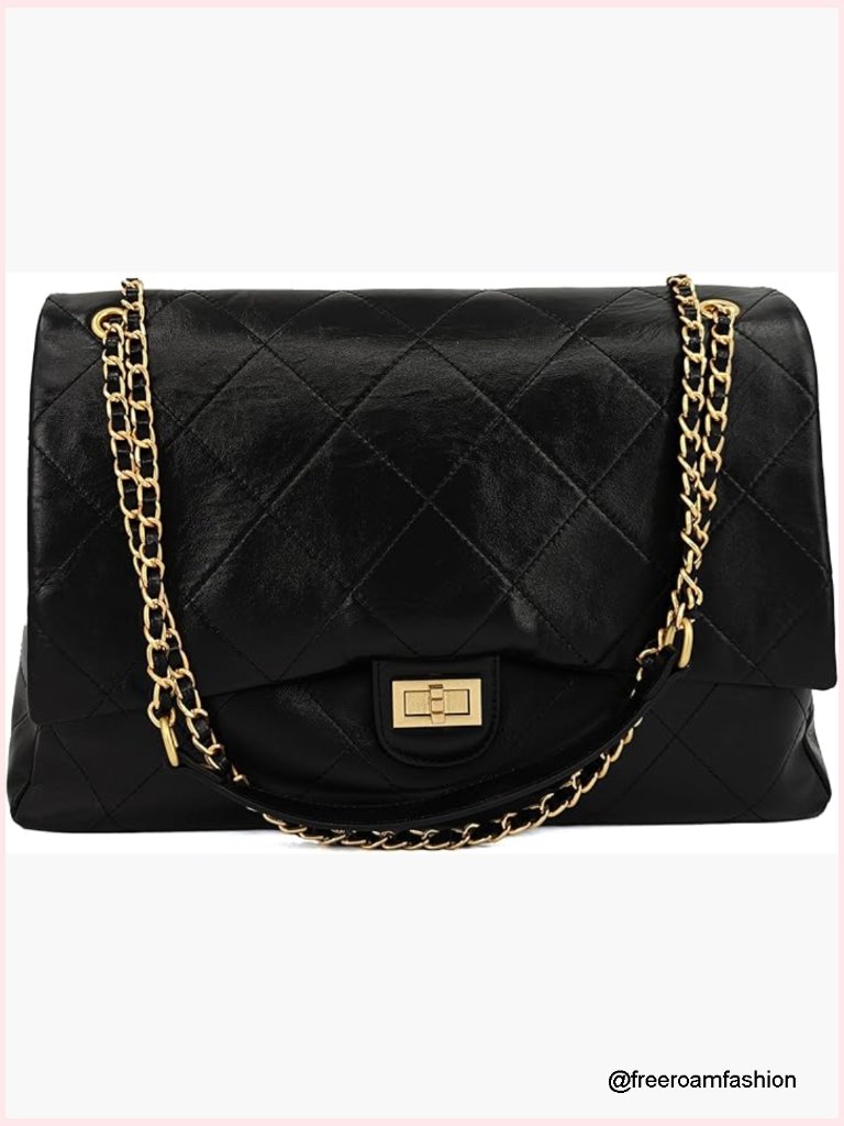 Large Quilted Leather Shoulder Bag, Oversize Gold Chain Strap Tote, Classic
